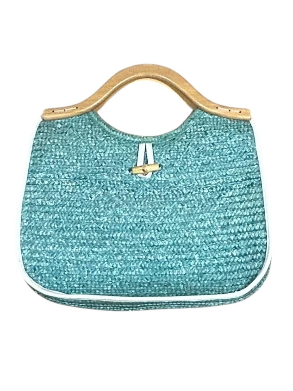 Coastal Grandma Woven Straw Bag Aqua Blue Wooden Handle Resort Beach Purse - Picture 5 of 6